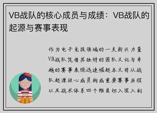VB战队的核心成员与成绩：VB战队的起源与赛事表现