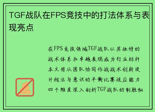 TGF战队在FPS竞技中的打法体系与表现亮点