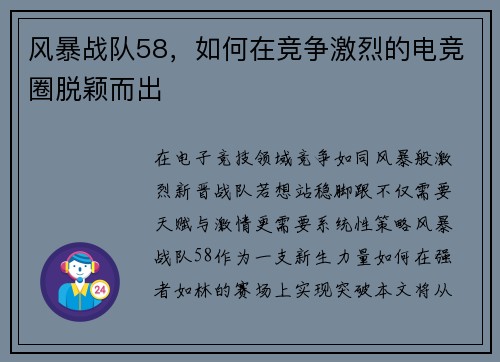 风暴战队58，如何在竞争激烈的电竞圈脱颖而出