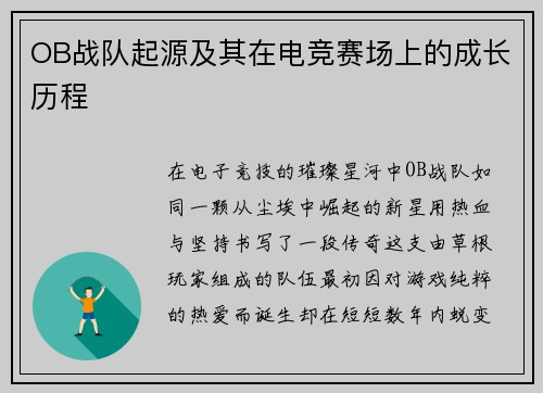 OB战队起源及其在电竞赛场上的成长历程