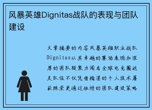 风暴英雄Dignitas战队的表现与团队建设