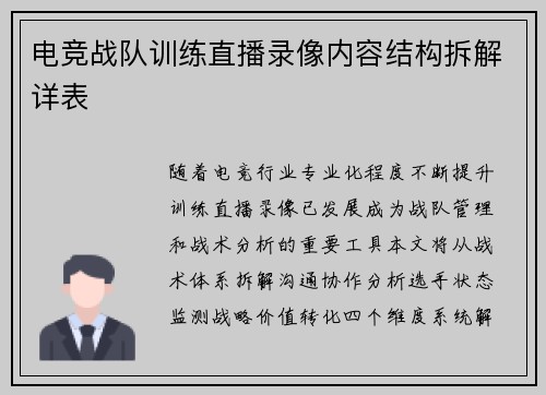 电竞战队训练直播录像内容结构拆解详表