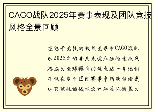 CAGO战队2025年赛事表现及团队竞技风格全景回顾